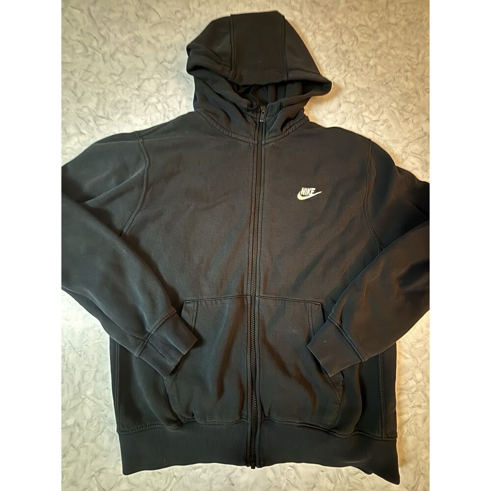 Nike Mens Club Fleece Full Zip Hoodie Sweatshirt Black Embroidered Swoosh Large